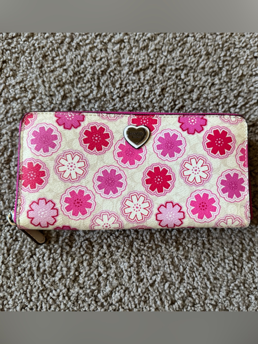 Coach Floral Pink Zip-Around Wallet with Heart Logo - Picture 1 of 3